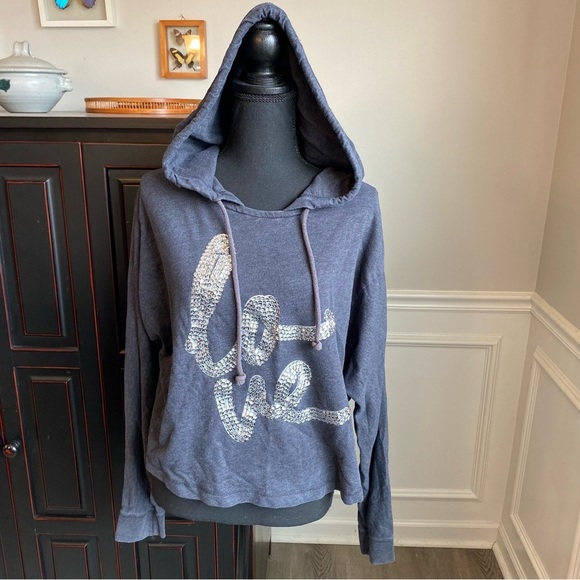 Aeropostale Silver Sequin Love Text Blue Cropped Hoodie Sweatshirt Size XL - Picture 1 of 5